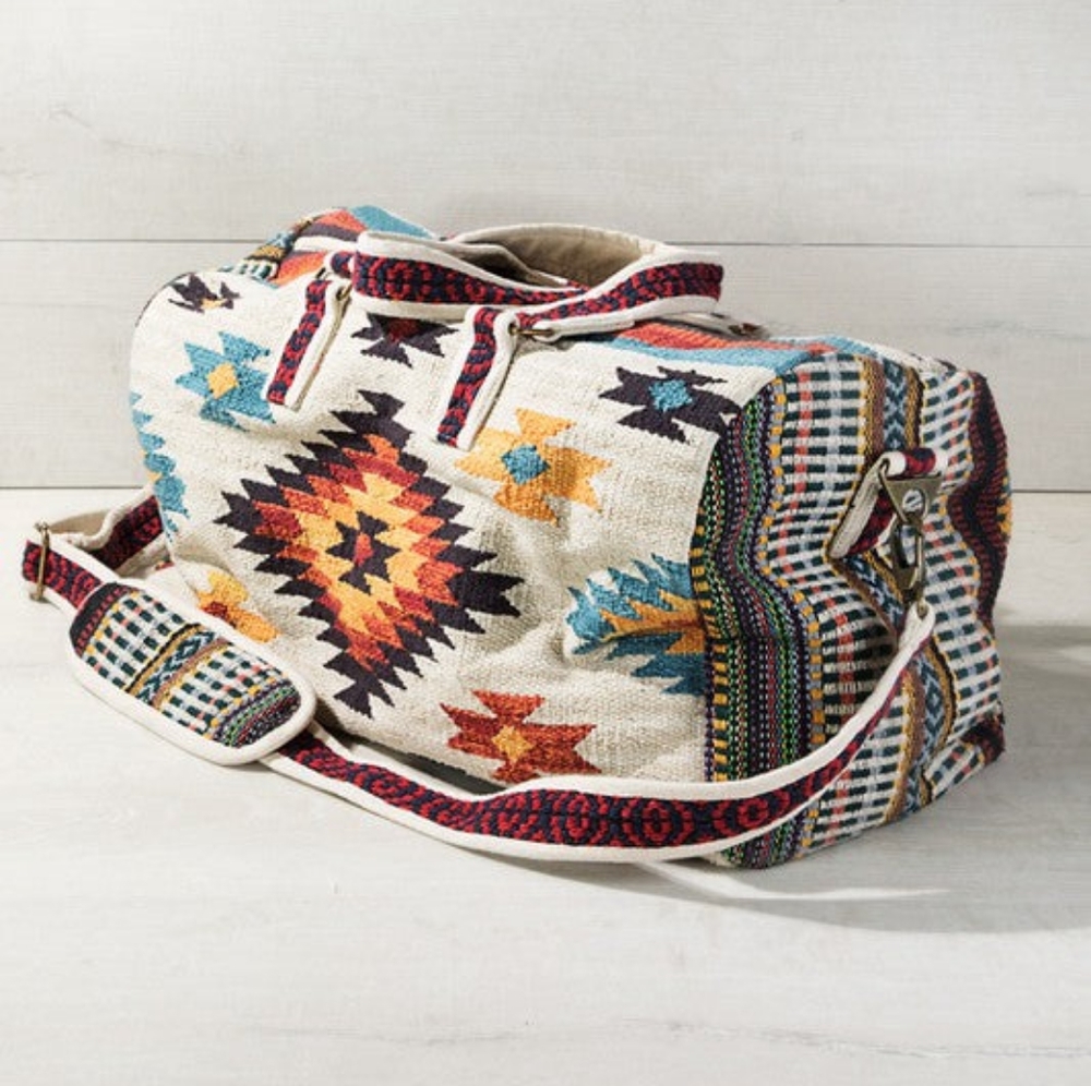 Ivory Boho Chic Travel Bag - Navajo Inspired Design - Handmade Fully Fine Cotton - Picture 2 of 13